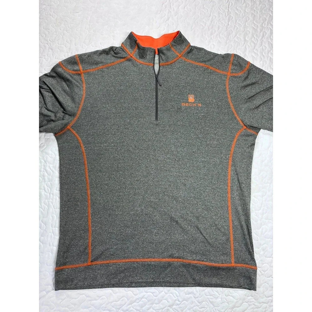 Becks Men’s Grey Orange Quarter Zip Pull Over Athletic Sweater size large